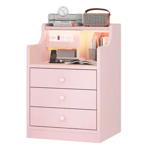 Sikaic Pink LED Nightstand with 3 Storage Drawers and Built-in Charging Station, Modern Bedside Table for Bedroom