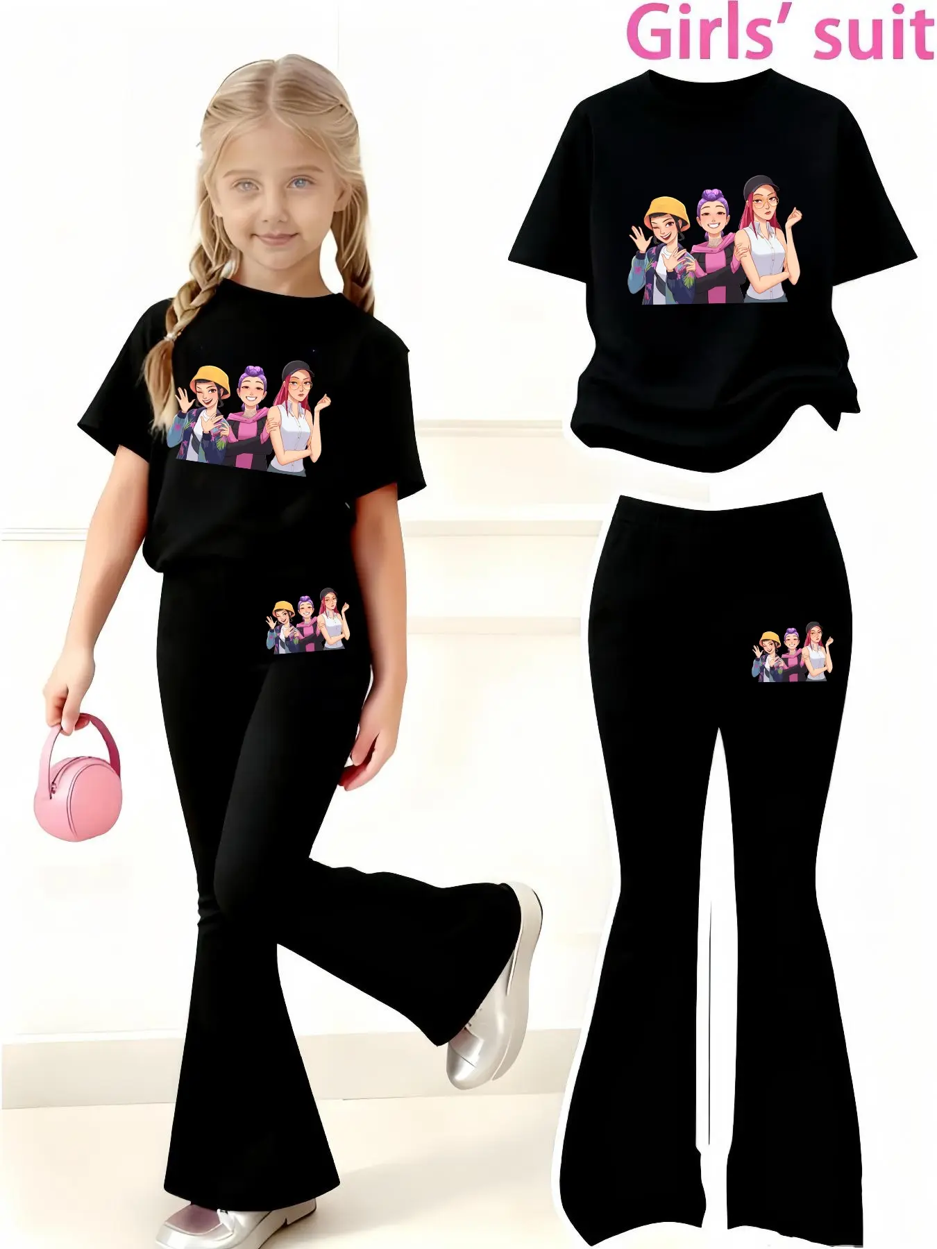 Girls' Kpop Print 2-Piece Set, Casual Sportswear Short Sleeve & Bell Bottoms, Comfortable Elastic Waist Pants, Summer Clothing Set, Graphic Print Set