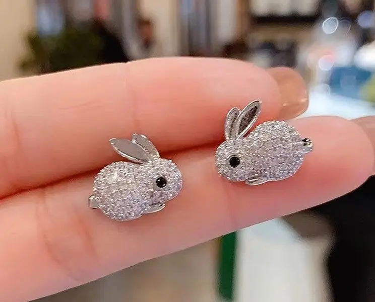 Silver Plated Crystal Rabbit Stud Earrings with Black Stone Eyes, Cute Bunny Shape Ear Accessories for Youth, Unisex Easter Jewelry, Rabbit Shape, Small Size, 0.59 X 0.51 Inches, Non-Natural, Easter Wear, Cute Look