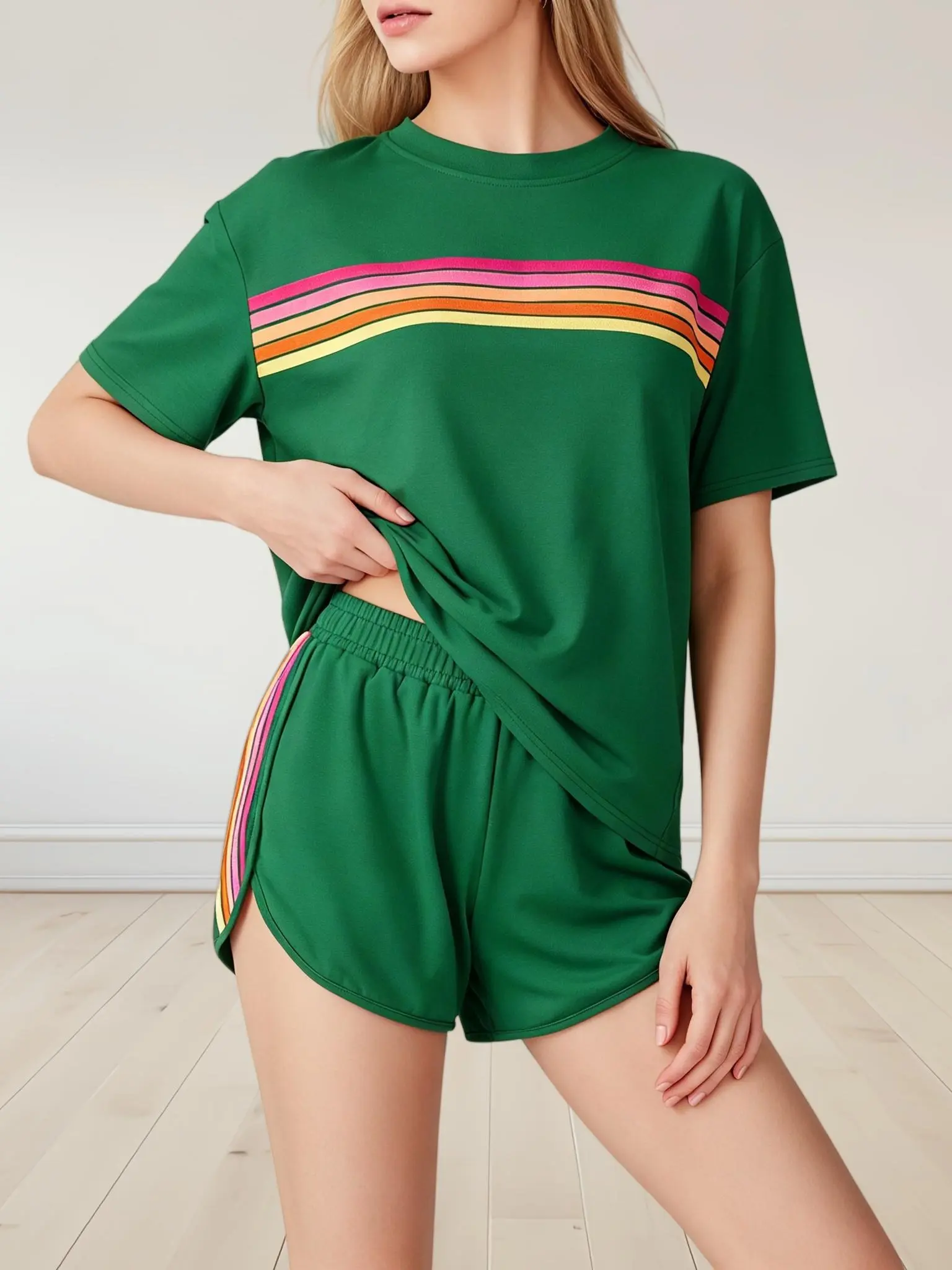 Women’s 2-Piece Rainbow Stripe Loungewear Set - Short Sleeve Top, Elastic Waist Shorts, Soft Cotton Blend for Home & Daily Wear