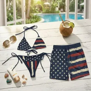 Summer 2026 Couple Beach Set, Vintage American Flag Bikini and Matching Hawaiian Shorts