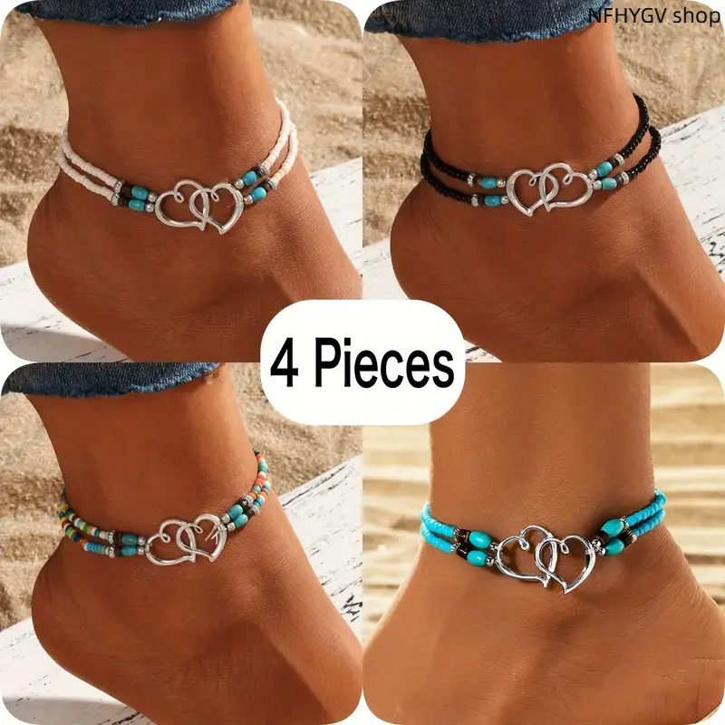 Anklets, Womens 4-Pack Multicolor Beaded Elastic Ankle Bracelets With Double Hollow Heart Detail, Adjustable Boho Style Accessories For Daily Casual Looks And Outdoor Sports