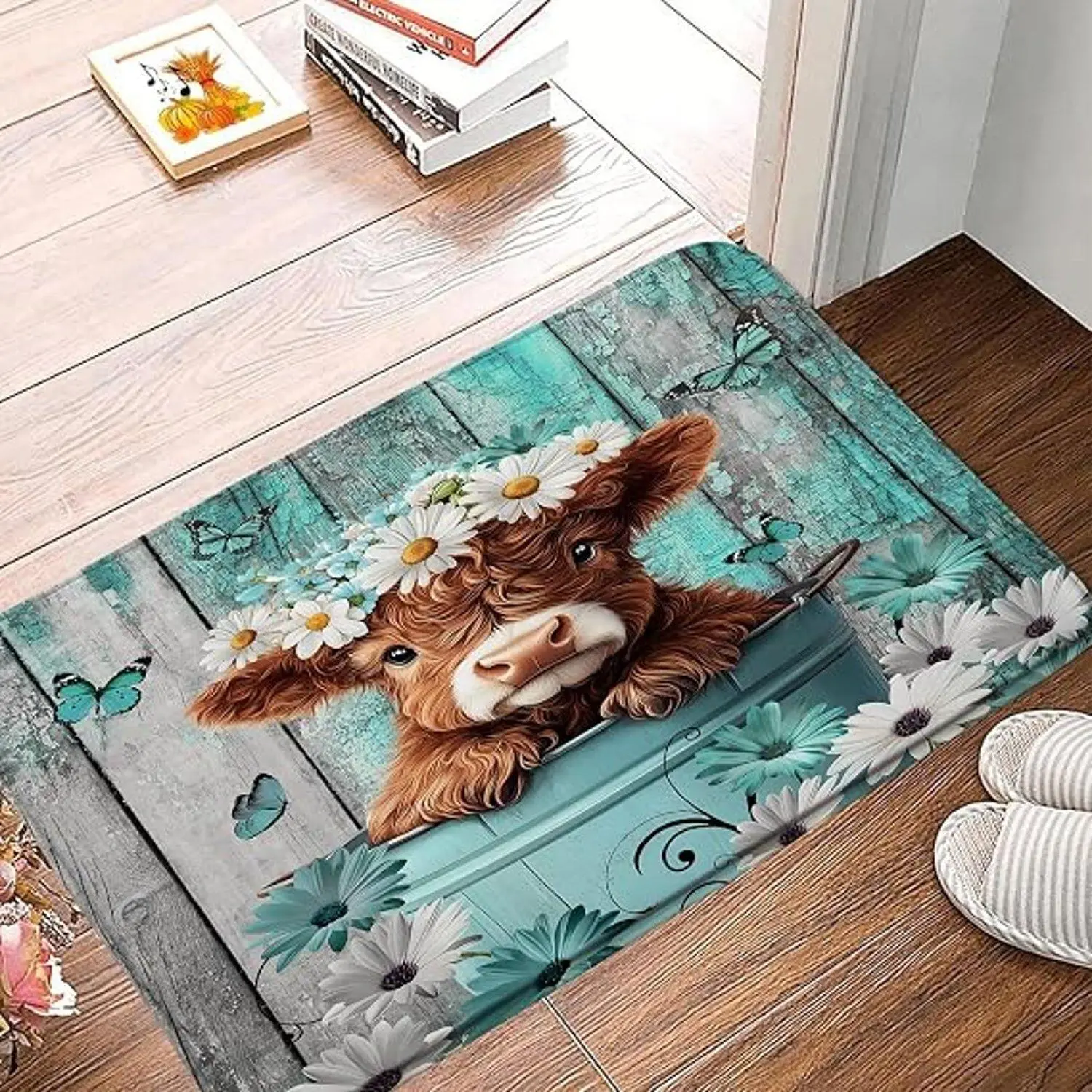 Turquoise Daisy Floral Cute Highland Cow Design Area Rugs Decorative Kitchen Floor Mats Non Farmhouse Style Soft Durable Carpet
