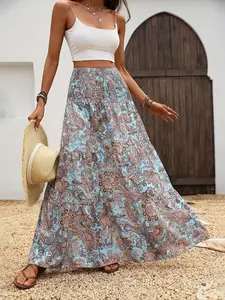 Bohemian Style Boho High Waist Sweet Vintage French Goddess Dress, Hawaiian Paisley Print A-Line Skirt, Full Floral Ruffle Hem Half-Length Skirt Bottoms