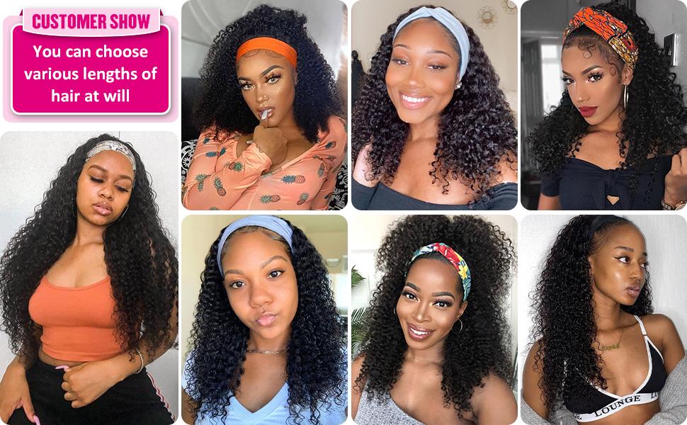 Headband Wig Human Hair Deep Wave 18 inch None Lace Front Wig Human Hair Machine Made Wigs Glueless Curly Hair Headband Half Wigs for Black Women Human Hair Natural Color
