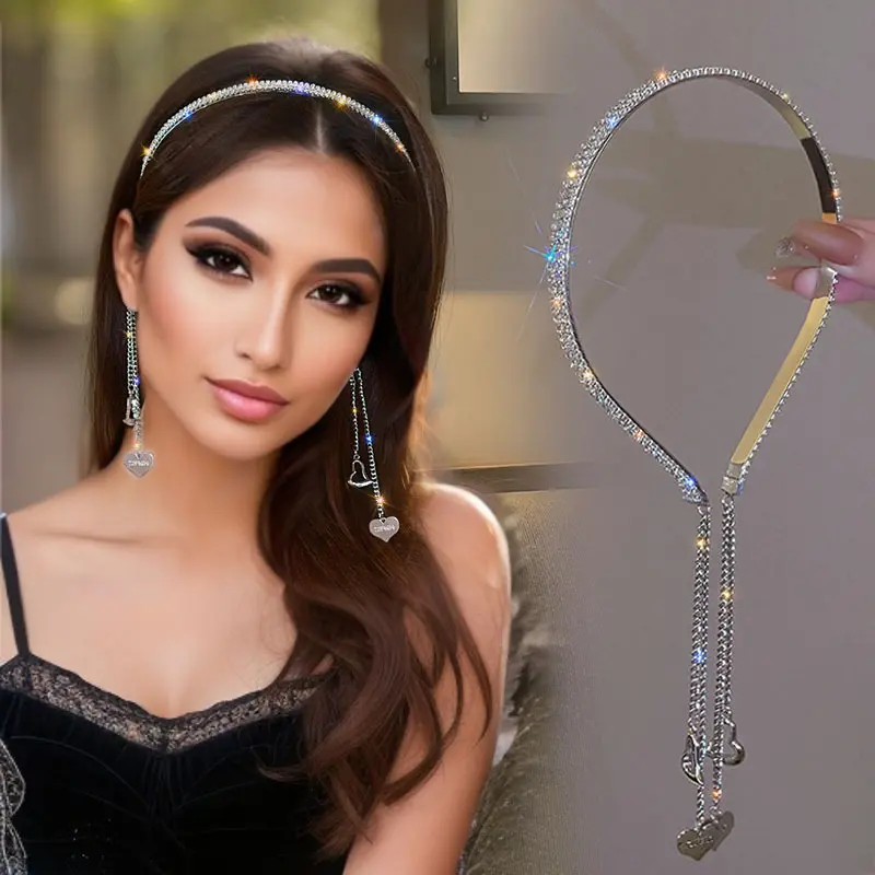 Elegant Rhinestone Chain Women's Tassel Headband with Lover Pendant, Single Piece, Solid Color Luxury Hair Accessories for Parties and Birthdays