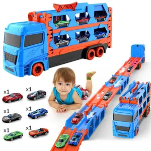 Carrier Truck Race Track Toddlers Toys, Foldable 3 Layer Track Playset, Toy Truck Transport Car Carrier & 6 Race Cars, Truck Car Kids Toys Xmas Gifts for Age 3 4 5 6+ Years Old Boys Girls