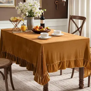Velvet Table Cloth with Decorative Ruffle Edge Luxurious Soft Washable Rectangular Tablecloth Thick Wrinkle-Resistant Oblong Table Cover for Dining Party Wedding 60x102 Inch, Gold
