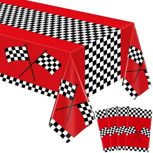 4Pcs Racing Car Birthday Theme Tablecloth Red Racing Table Cover Black White Checkerboard Tablecover 50s Party Tablecloth for Kids Boy Race Car Theme Birthday Decor 86x51IN