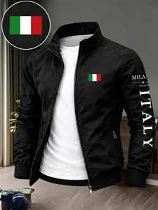 Men's Casual Letter Flag Print Jacket, Long Sleeve Fitted Outerwear, Business Style Fall Winter Coat, Perfect Gift for Him, Casual Fitted Jackets