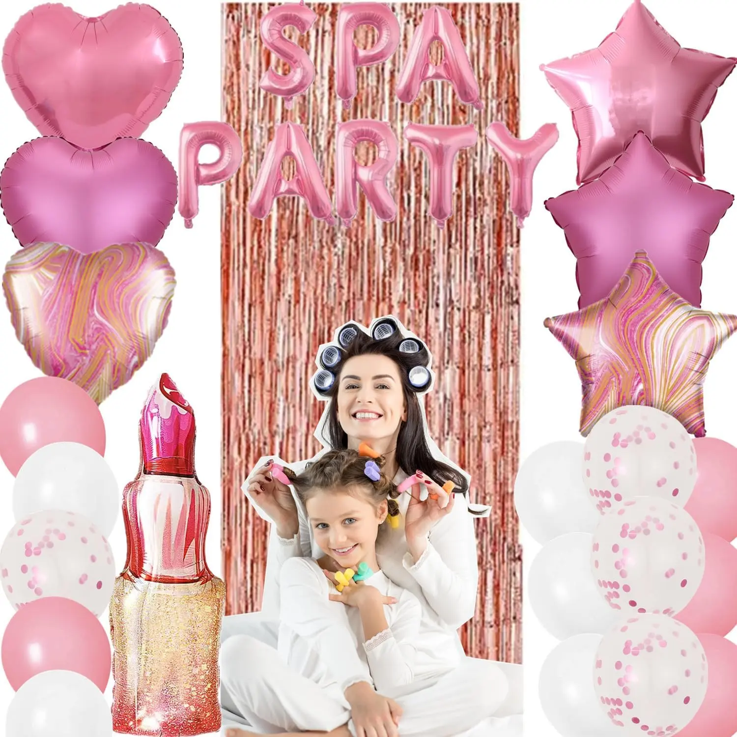 46PCS Spa Party Decorations for Girls – Pink Spa Theme Birthday Balloons Kit with Lipstick & Makeup Balloons, Foil Fringe Curtains for Spa Day Sleepover Party Supplies