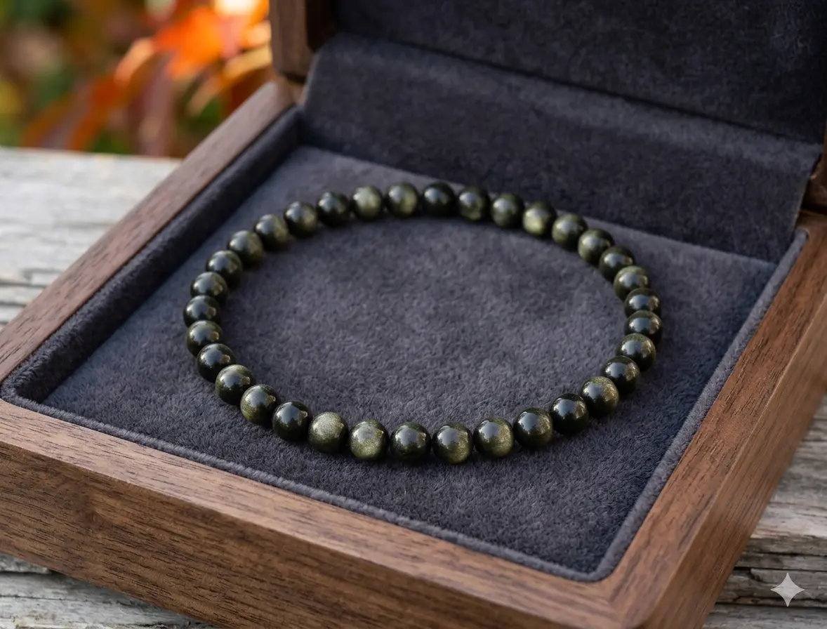 Gold Sheen Obsidian Stone 4mm Polished Beads Stretch Bracelet - 6.3-7.8 Inches, Unisex Adults' Auspicious Protection Grounding Crystal Jewelry for Everyday Wear, Builds Self-Confidence, Unisex Fit