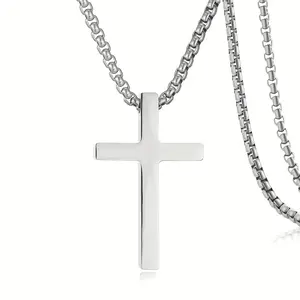 Stainless Steel Cross Necklace for Men – Christian Pendant with Box Chain, Silver & Gold Options, Religious Jewelry Gift for Boyfriend Son
