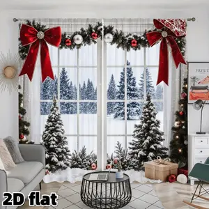 2D Flat 2Pcs Christmas Window Snow Scene Printed Curtains, Red Bow Decorated Garland Design, Rod Pocket Style, Semi Sheer Polyester Fabric, Winter Holiday Theme, For Living Room Bedroom Office Home Decor, Window Decorations Supplies