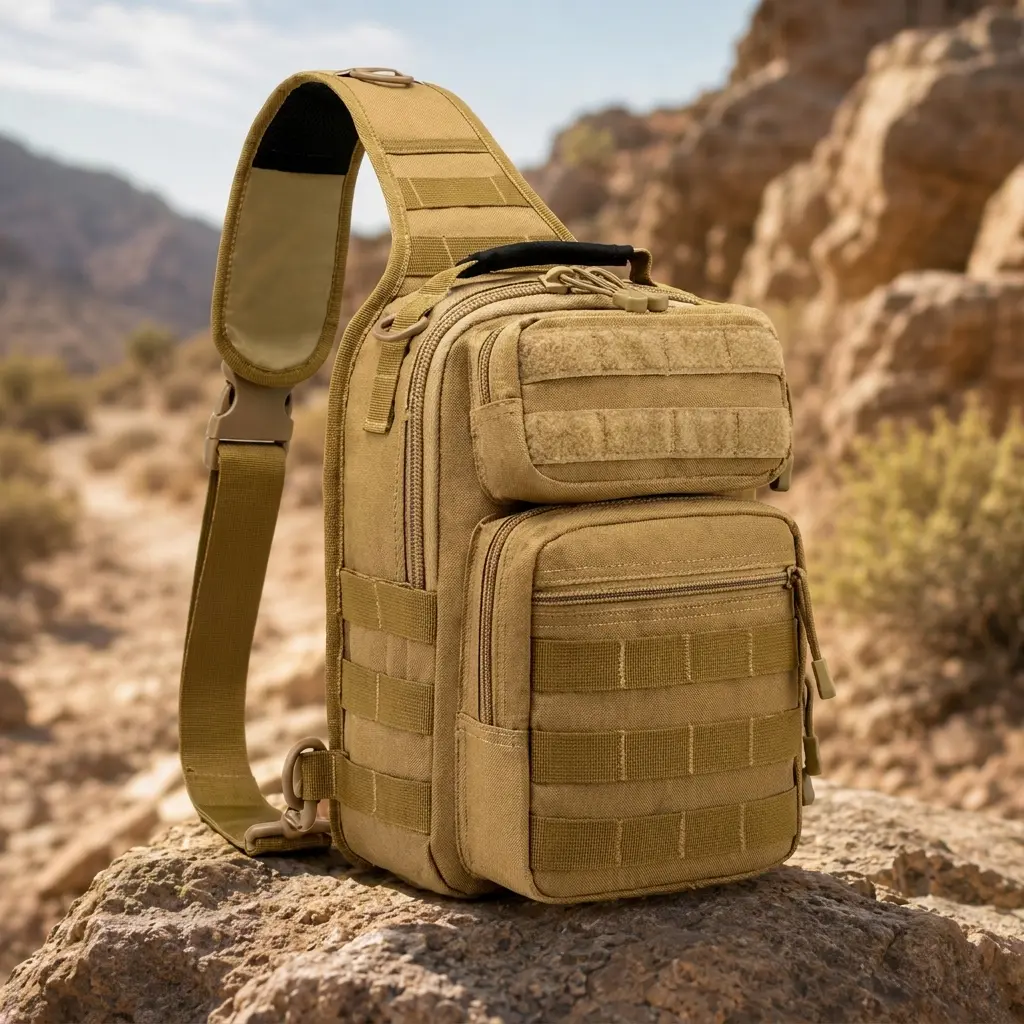 Men's Compact Durable Water-Resistant Tactical Sling Backpack - Military Rover Polyester Crossbody Bag with USA Flag Patch, MOLLE, Adjustable Strap, Holds Chargers, Notebook, Keys, Cell Phone, Wallet, All Seasons, US Shipping, Cool Guy Gift Gym Bag