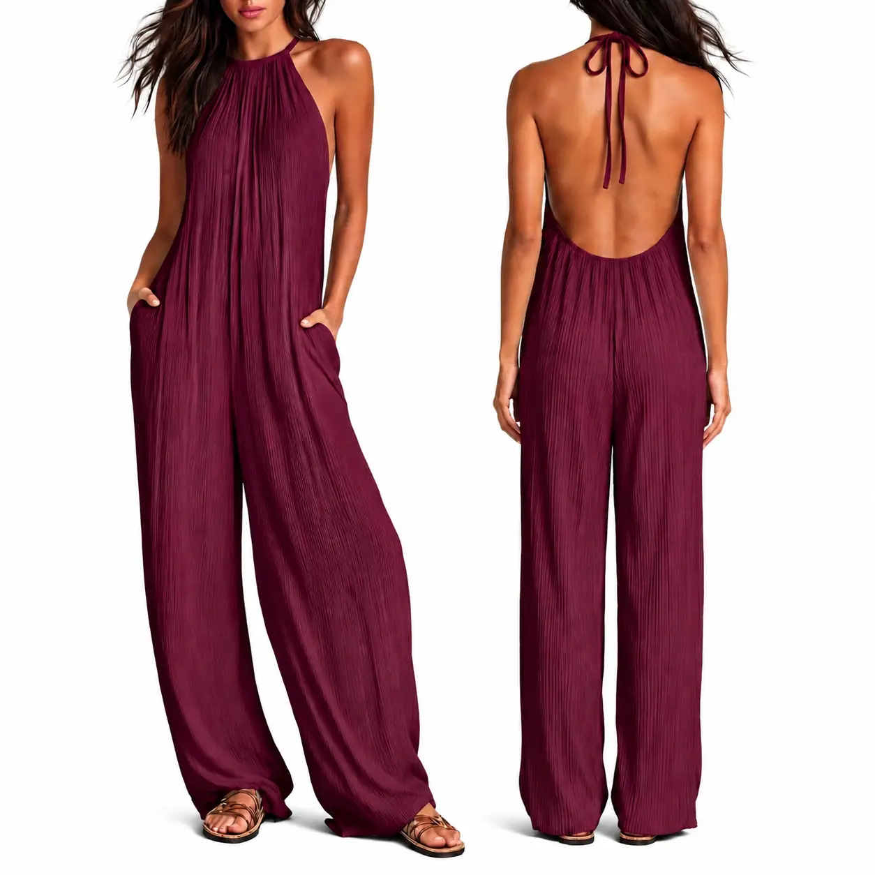 Women's Crinkle Halter Neck Sleeveless Backless Wide Leg Jumpsuit with Pockets, Loose Flowy Full Length One Piece Romper, Burgundy Casual Summer Beach Vacation Wedding Guest Date Night Travel Resort Loose Fit Long Pant Jumpsuits Chic Hip