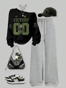 Women's Loose Fit Asymmetrical Shoulder Colorblock Print Long Sleeve Top and Wide Leg Pants Set, Casual Daily Wear