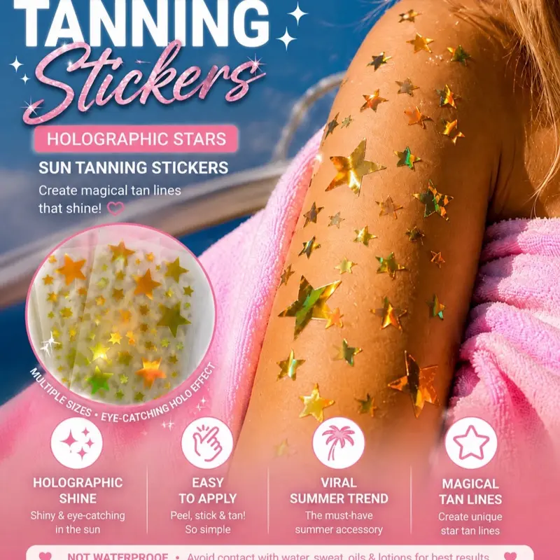 Holographic Star Print Tanning Stickers | 4pc Viral Sun Tattoo Set | Star Aesthetic Shimmer Vinyl Body Decals