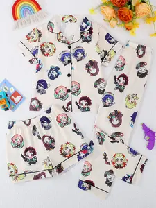 Girls' Cartoon Anime Character Sleepwear Set, Cartoon Print Pajama, Collared Pajama Set, Casual Fitted Short Sleeve Button Down & Shorts Pants, All-Season Wearable Home Clothes, Summer Pjs