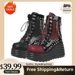 Punk Black Round Toe Wedge Platform Ankle Boots Gothic Punk Style Rivet Chain Cross Buckle Fashion Design for Women