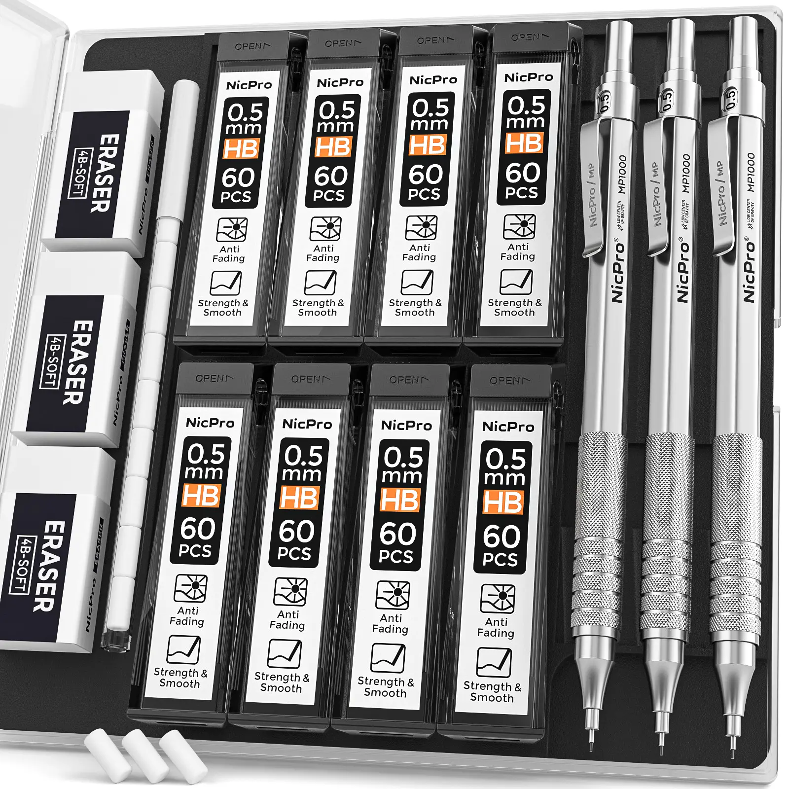 Nicpro Mechanical Pencils Set - Compact Full-Metal Body Office Stationery Kit with Case, 3 MP1000 Drafting Pencils, 8 Tubes HB Lead Refills, Eraser, Eraser Refills for Artists, Compact Metal Pencils