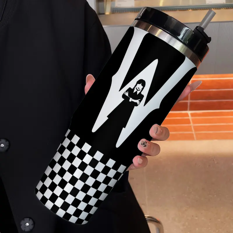 30oz Stainless Steel Handheld Cup, Insulated Tumbler, Dark Wednesday Pattern, Dual-Use Cold Hot Straw Cup, Ideal for Sports Outdoor Office Home, Best Gift