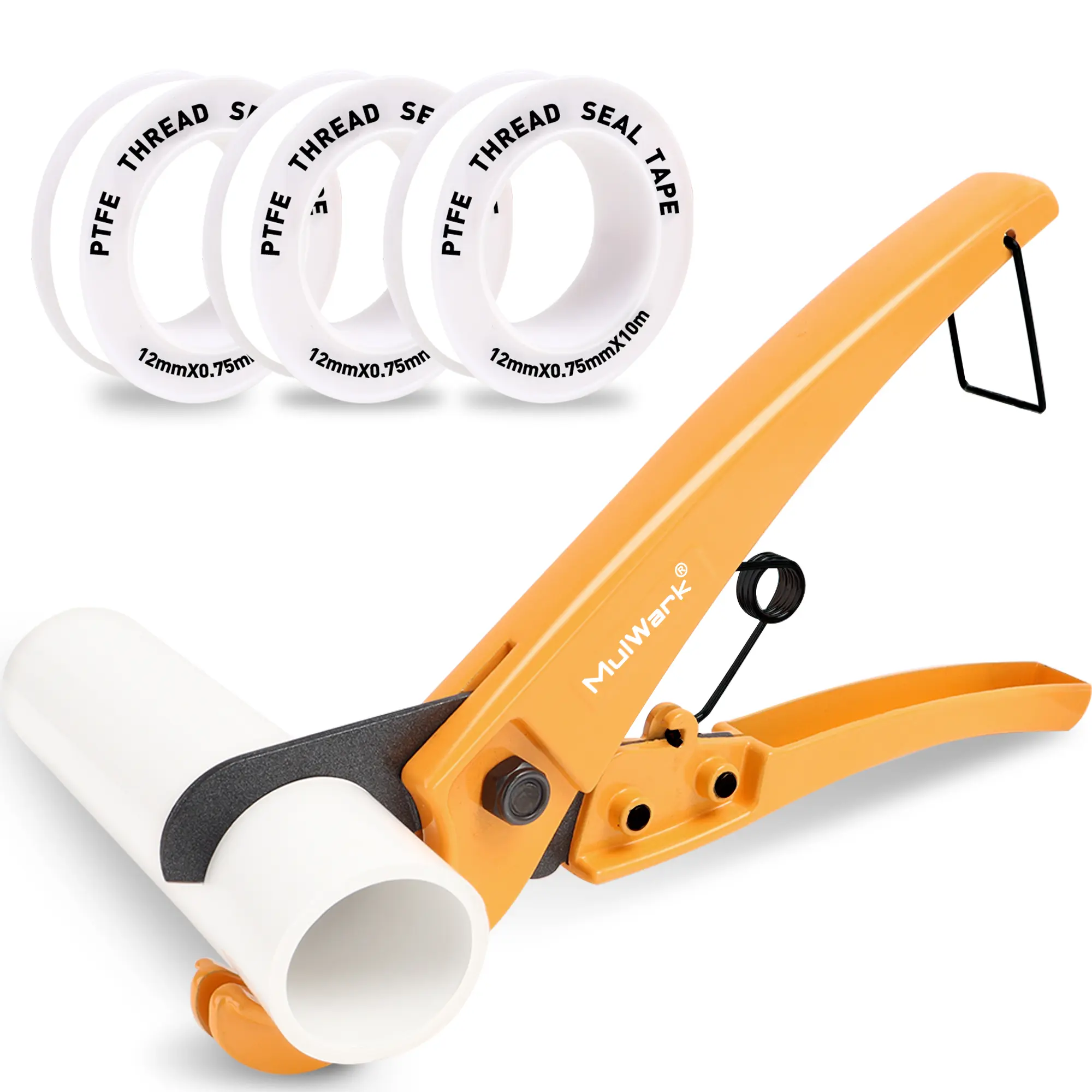 MulWark Heavy-Duty Tubing Cutter - Industrial Aluminum Cutter with 65mm Blades, Safety Lock, Cuts Up to 1-1/4-inch PVC, PPR, PE & Rubber Hose, Includes 3-Piece Teflon Tape Set