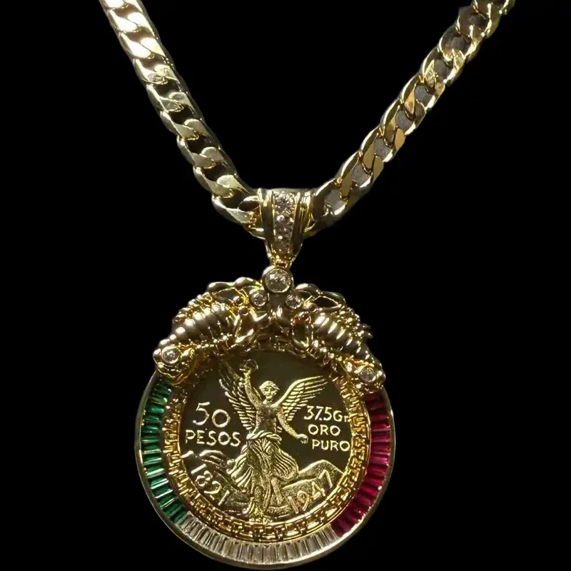 Centenario 50 Pesos Gold Coin Pendent with 10mm Cuban Chain 24in Long for Men