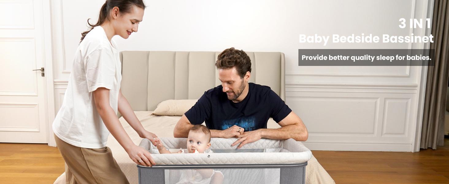 Baby Bassinet Sleeper, 6 Height Adjustable Cribs, Easy to Fold Portable Crib Side Bassinet, Swing Cradle Bed Side Sleeper with Ventilated Net&Wheels