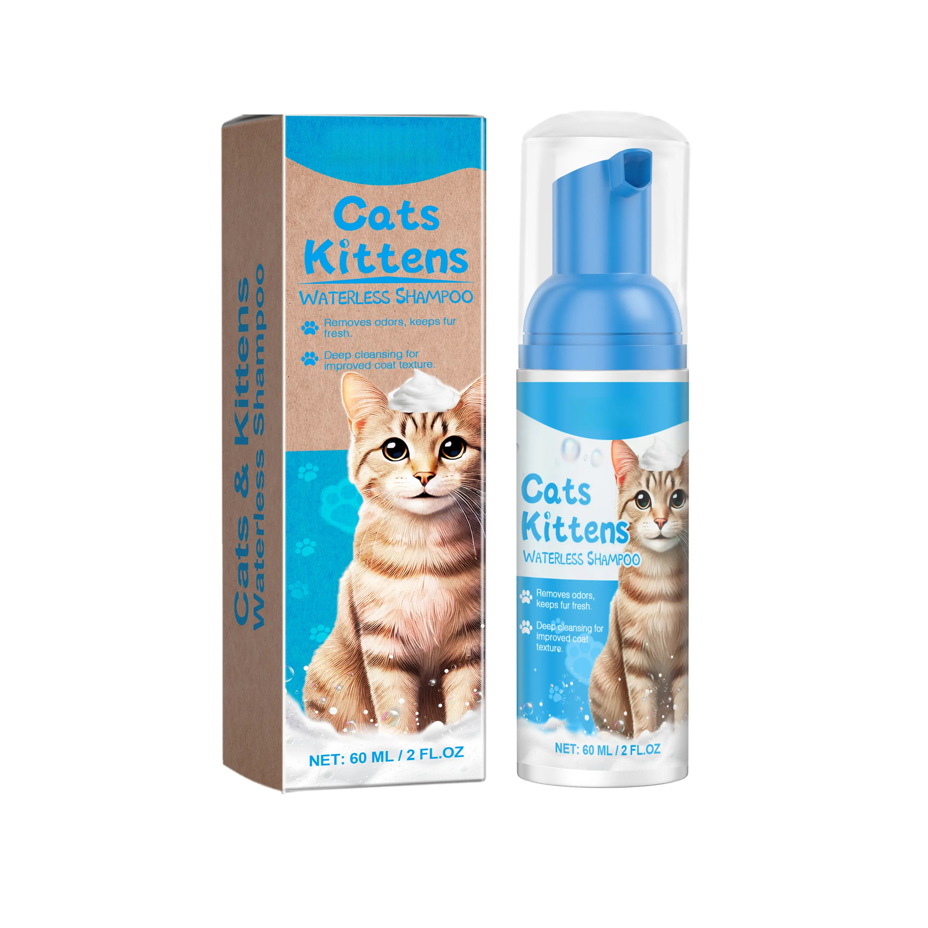 Waterless Cat Shampoo Mousse with Pump Dispenser - No Rinse, Mild Surfactants, Polyquaternium-10, Quick Cleaning, Moisture Boost, Improved Coat Texture, Safe and Reliable for 3+ Years Cats, 2.0 fl oz Bottle