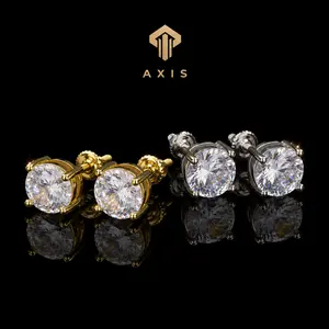AXIS 8mm Stud Earrings for Men Women, Gold Tone 925 Silver Post Hypoallergenic Jewelry, AAA+ Zircon Bling for Daily Wear & Night Out, Secure Screw Back outdoorfun