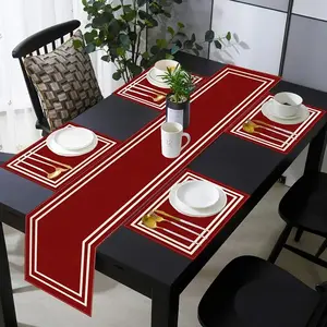1 piece/5 piece/7 piece set, red theme with geometric white frame design, table flag and placemat set, washable placemats and table flags suitable for home kitchens, outdoor parties, dining tables, table flags and placemats