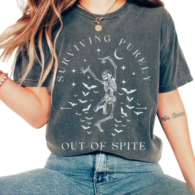 Surviving Purely Out Of Spite T-shirt, Funny Goth Celestial Skeleton and Bats Shirt, Skeleton Shirts Pumpkin Garden Cotton Tee Hoodie Fall Clothing Gift For Her Spooky Season Womenswear Menswear Top