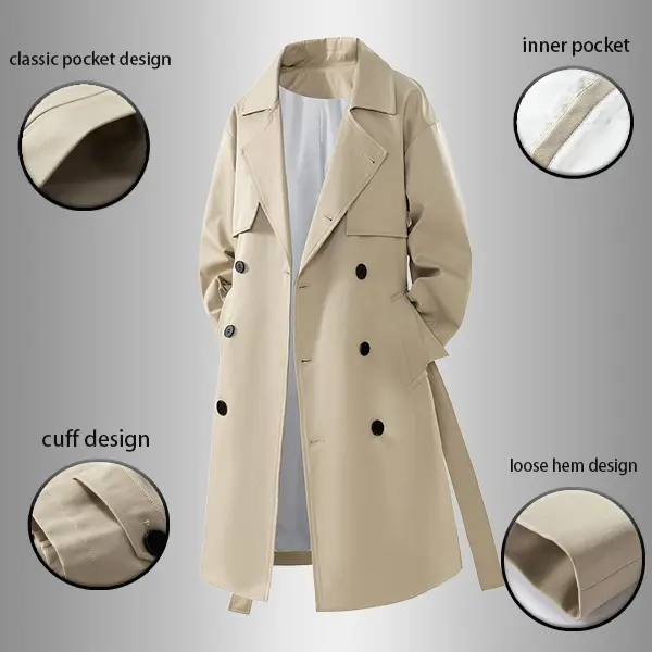 Men's British Style Double-Breasted Long Trench Coat - Thin, Long Sleeve, Over-the-Knee, Casual, Stylish Menswear Jacket for Spring & Autumn