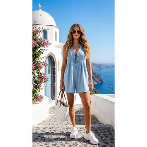 Women's Sleeveless Tie-Front Denim Romper - Loose Fit, Casual Wear, Straight Cut, Plus Size, Street Sexy Look, Overalls Jumpsuit for Spring/Summer Womenswear