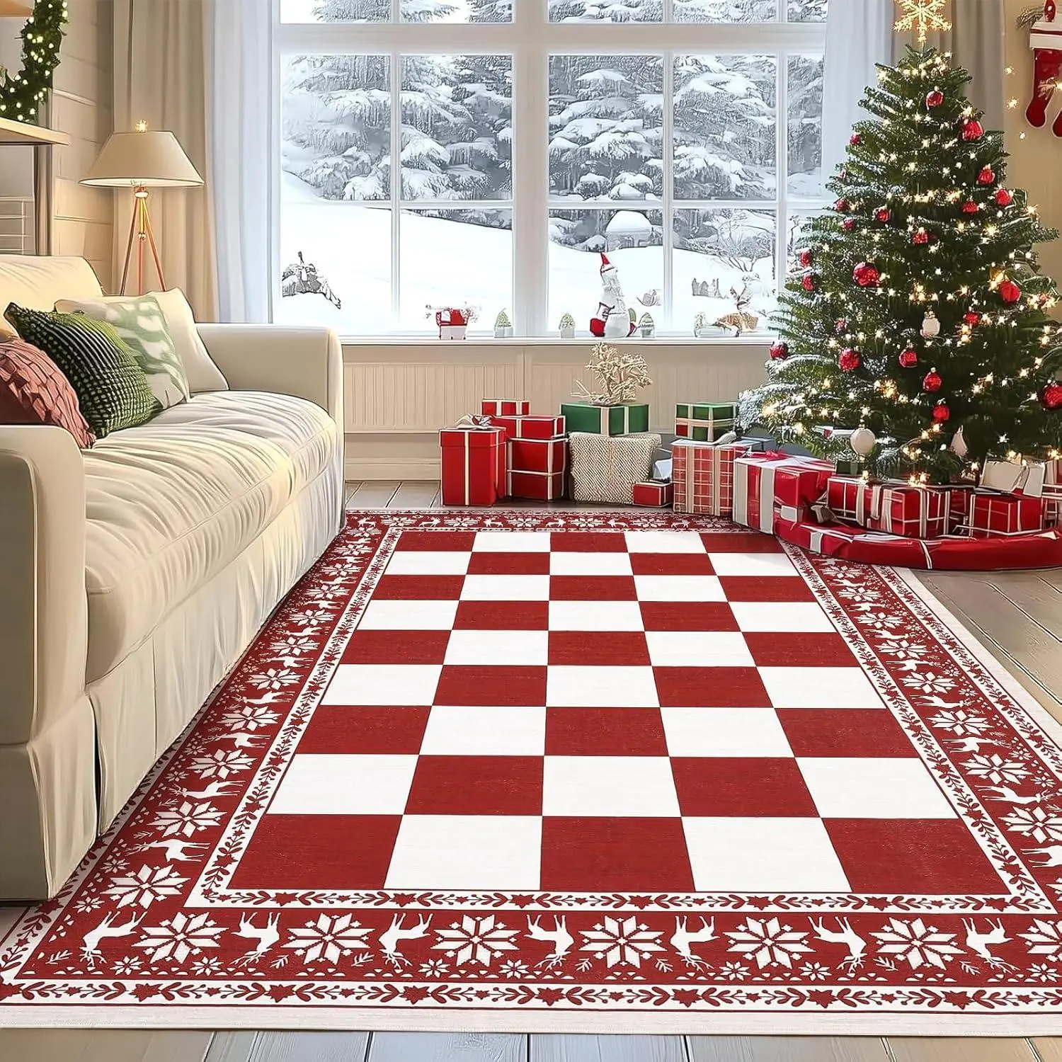 GARVEE 6x9 Area Rugs for Living Room, Checkered Christmas Rugs for Holiday Decor, Non Slip Low Pile Washable Rug for Dining Room, Bedroom, Red