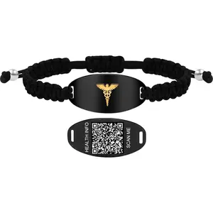 Uloveido Medical Alert Bracelet with Dynamic QR Code or Laser Engraving Stainless Steel ID Plate Floating Golden Caduceus Adjustable Black Braided Rope Emergency ID for Men Women