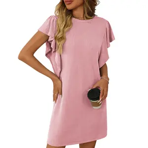 Womens Casual Summer Crewneck Short Sleeve Ribbed Mini Tshirt Dress