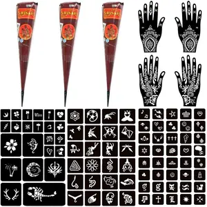 Temporary Tattoo Kits 3 Henna tattoo cones 101 Stencils Semi Permanent Tattoo Markers Jagua Gel for Women Men Kids DIY Art Painting Party Gifts