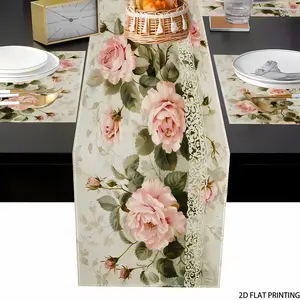 2D flat printing, 1 piece/4 pieces/6 pieces/5 pieces/7 pieces set, pink rose table flag placemat set, Floral Pattern Placemat, perfect for holiday parties, banquets, camping, kitchens, restaurants, anniversary weddings, coffee shop decoration table mats