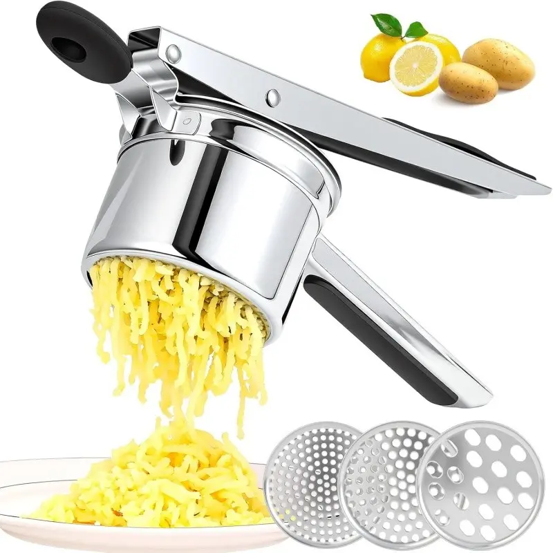1 Count Potato Ricer Stainless Steel, Heavy Duty Potato Masher with Ergonomic Handle, Large 3 Interchangeable Discs Ricer for Mashed Potatoes Dishwasher Safe, Efficiently Make Fluffy Smooth Mashed Potatoes,  Kitchen Gadget