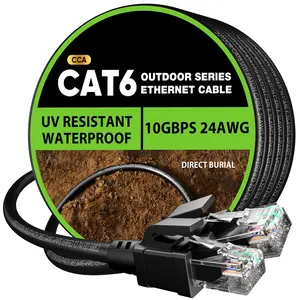 6 Outdoor Ethernet  150 ft, 24AWG 10Gbps Cat6  Cord  Direct Burial LLDPE UV Jacket, Internet Network  with 40 Ties Support Cat6 Cat5e Cat5, CCA, UTP for PC