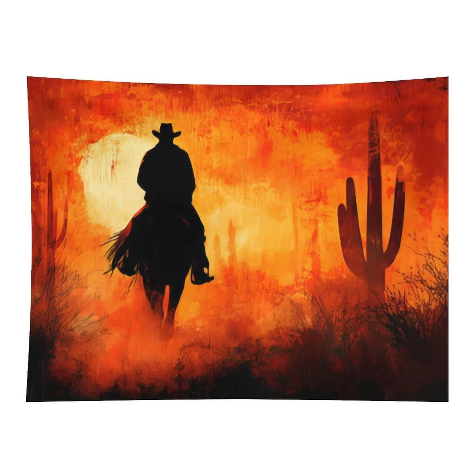 Vintage Western Cowboy Silhouette Wall Tapestry Desert Sunset Cactus Art for Bedroom Dorm Living Room Rustic Southwest Home Wall Hanging Decor