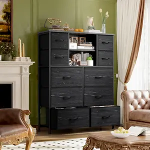 【Tall Dresser】Raybee High Dresser for Bedroom with Mesh Door, 10 Fabric Drawers Organizer, Metal Frame, Wood Top, Tall Design for Closet & Entryway, Easy Assemble, Black