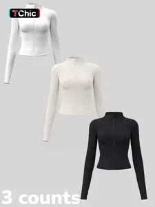 Women's Long Sleeve Yoga Jacket Set, Sports Outerwear, Athletic Jackets, High Neck Zipper Closure, Quick-Dry Fitness Top, Tight-Fitting Sports Wear, Athletic Sports Clothing, 3 Piece Pack