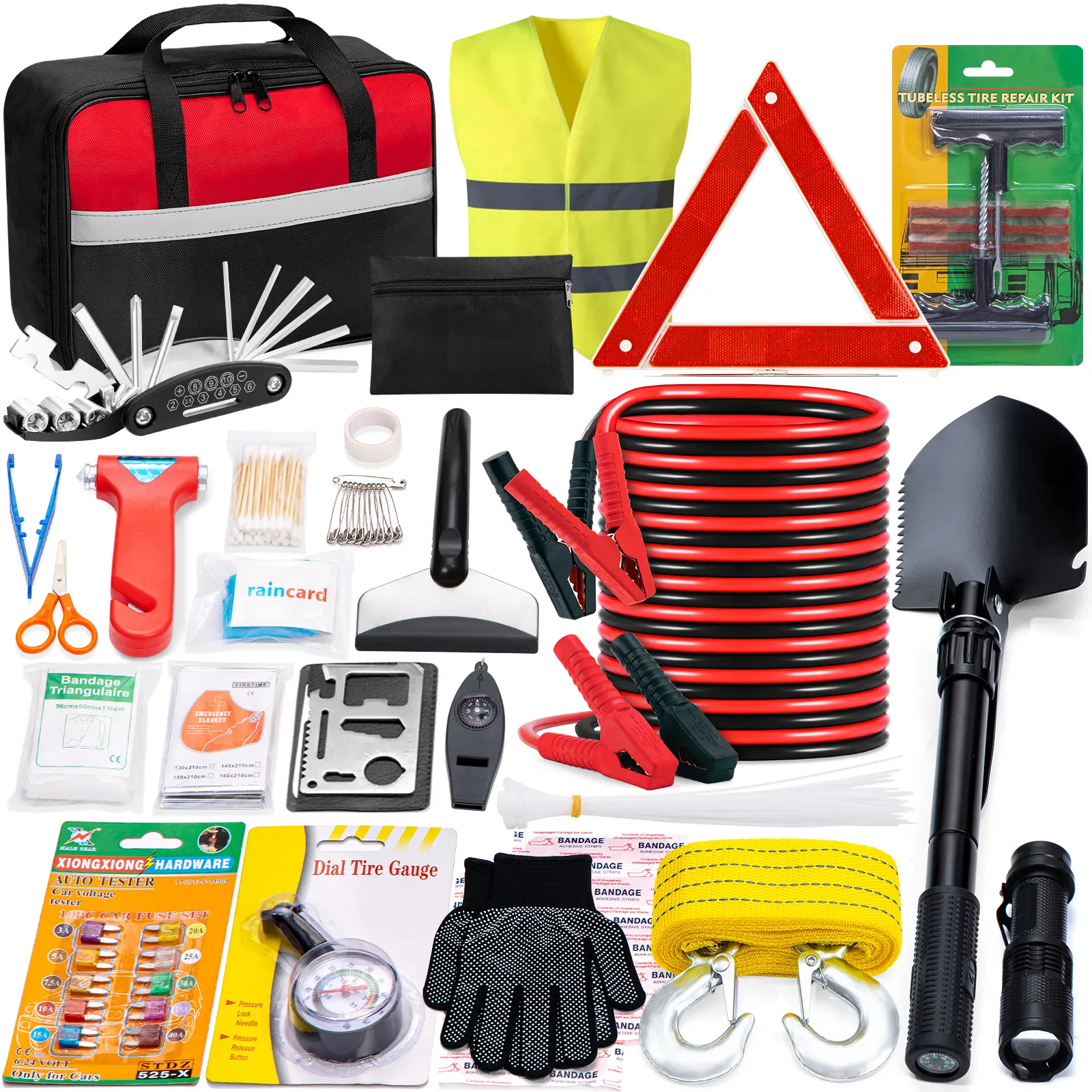 Car Safety Roadside Kit, Including Car Emergency Jumper, Towing Rope And Multifunctional Shovel, Car Emergency Kit, Holiday Gift for Family And Friends Aid Kit