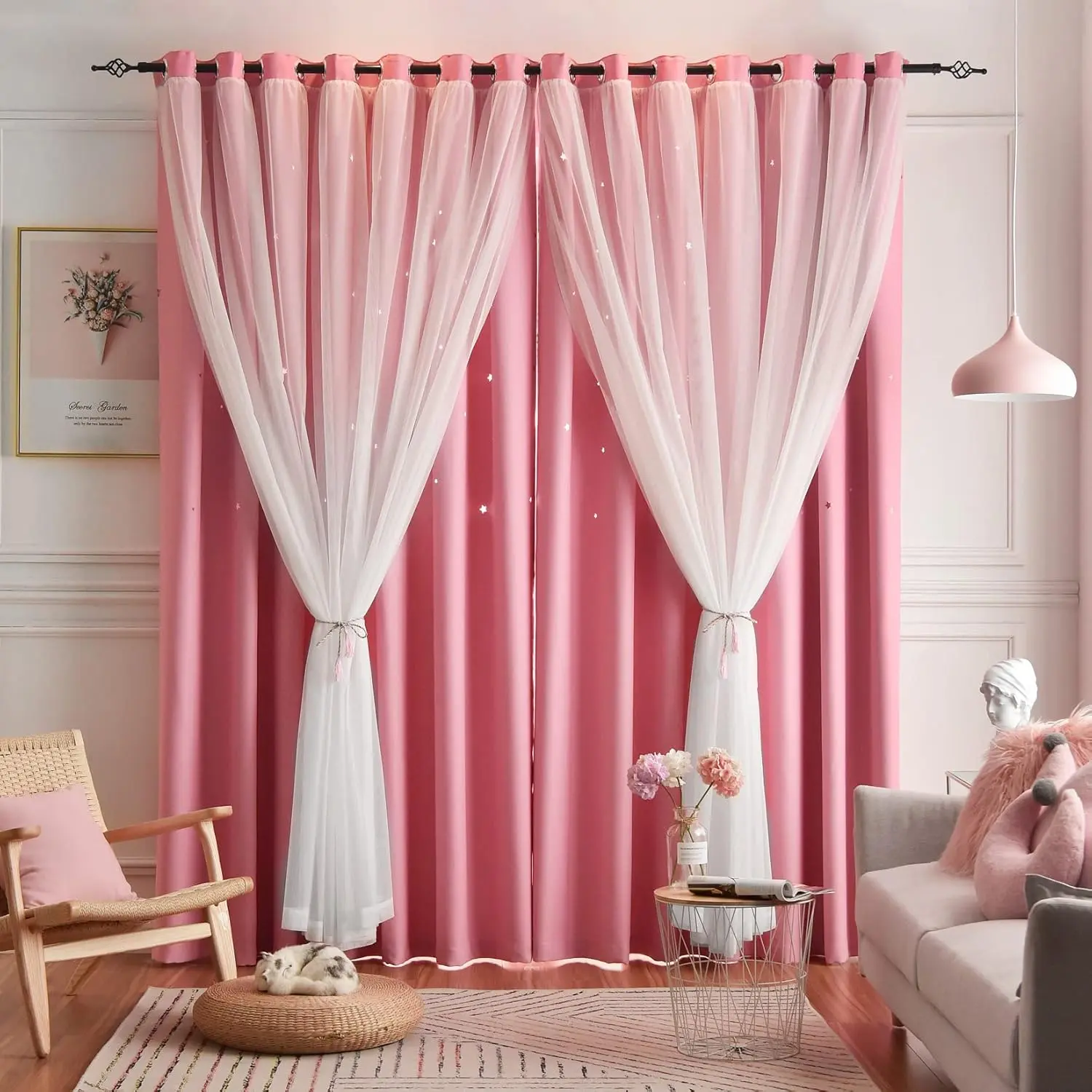 2PCS Pink Star-Cutouts Blackout Layered Finished Curtains - Striped Hollow-Out Glam Privacy Grommet Drapes, Girly Room Accessories for Pink Bedroom Kids’ Rooms (2 Panels)