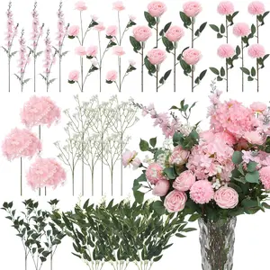 Pink 36 Pcs Artificial Flowers Bouquet Set 8 Kind Faux Delphinium Rose Peony Chrysanthemum Hydrangea Baby's Breath Florals with Greenery Long Stem for Wedding Table Vase