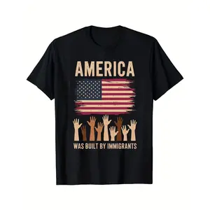 Men'sWomen's Patriotic American Flag Graphic T-Shirt - "America Was Built by Immigrants" Design, Black Cotton Crew Neck Tee for Casual & Holiday Wear