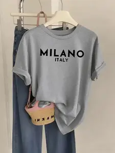 Women's Crew Neck Short Sleeve T Shirt with "MILANO ITALY" Italian Milan Style, Streetwear, Womenswear, Minimalist Letter Graphic Print Relaxed Loose Fit Soft Breathable Cotton Blend Machine Washable No Shrink Fade Resistant for Everyday Casual Wear